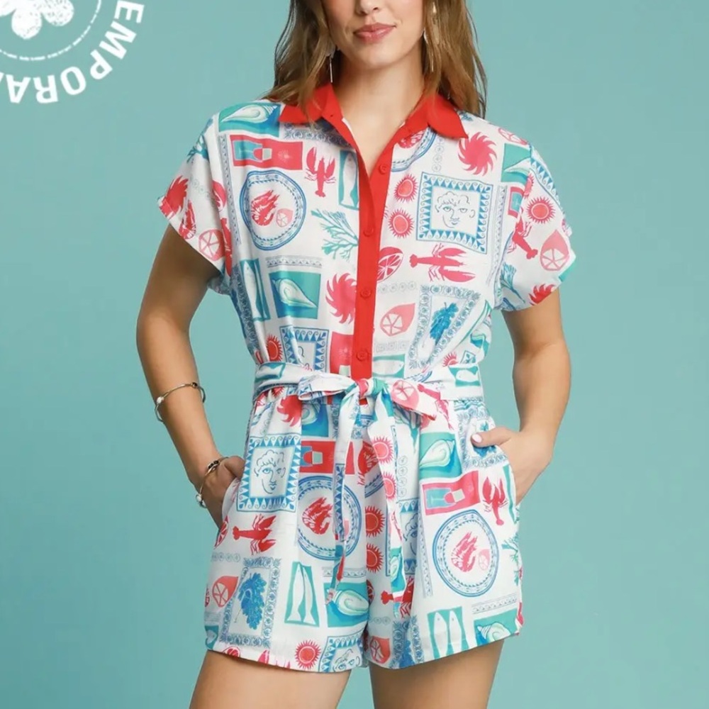 Umgee Red, Teal & White Printed Short Sleeve Romper